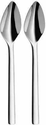 Two silver grapefruit spoons are shown side-by-side against a white background.