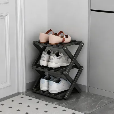 Immagine prodotto di Scaffale per scarpe in bambù, 3 ripiani, pieghevole, nero, 27x26x39 cm