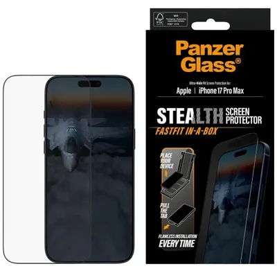 Produktbild von PanzerGlass Stealth Screen Protector w. Black Frame iPhone 17 Pro Max | Ultra-Wide Fit w. Fastfit in-a-box