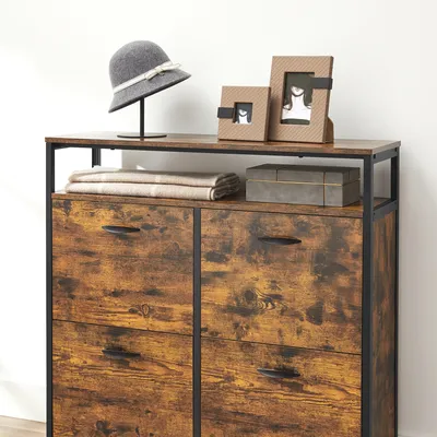 A close-up view of a vintage-style shoe cabinet with drawers.