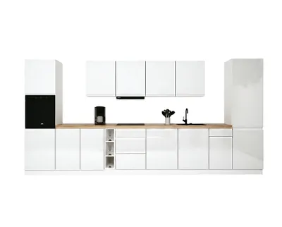 Produktbild von Küche 440 cm Einbauküche ohne Arbeitsplatte ohne E-Geräten Küchenzeile, Aspen KA23-M440, Weiß/Hochglanz