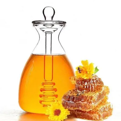 Obrázok produktu pre Sklenená nádoba na med s dávkovacou tyčinkou a viečkom, vhodná na použitie v kuchyni, objem 400 ml.