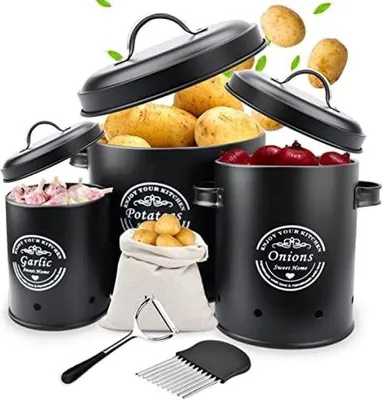 Obrázek produktu pro Černé kovové hrnce na česnek, cibuli a brambory, sada 3 kusů