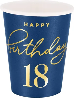 Zdjęcie produktu dla Kubeczki Happy Birthday 18, granatowy 220ml 6szt.