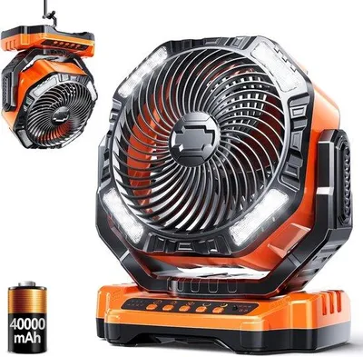 Obrázek produktu pro LED kempingový ventilátor s lampou, baterií 40 000 mAh, venkovní zásuvkou, ventilátor do stanu s lampou a háčky, 4 rychlosti, USB ventilátor pro kempování, rybaření, výpadky proudu, bouře, kancelář