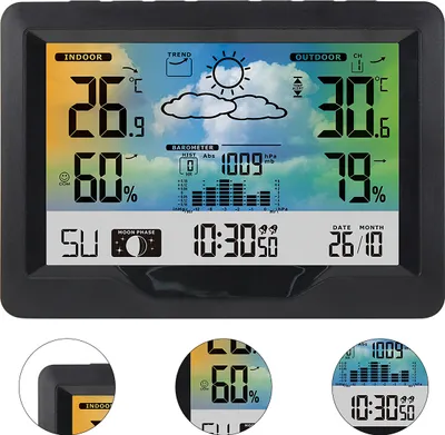 Produktbild von Drahtloser Wetterstation Wecker – Wettervorhersage, Temperatur- und Feuchtigkeitsanzeige, Kalender, elektronische Uhr, ideal für Zuhause und Büro.