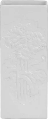 A white ceramic vase with a raised floral pattern.