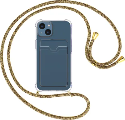 Produktbild von Handykette Backcover-Schutzhülle mit Band (Metall goldfarben) für Apple iPhone 15 - braun+beige