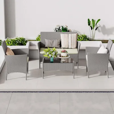 Produktbild von BIGZZIA Gartenmöbel-Set für den Außenbereich aus Rattan, 4-teilig, Gartenmöbel-Set für 4 Personen, inklusive 1 Sofa, 2 Sessel, 1 Tisch, Grau