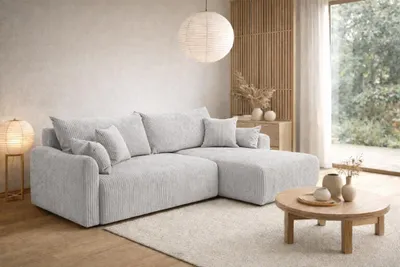 Image de Canapé d'angle avec fonction couchage, tissu velours côtelé Poso, gris clair, version droite, JAPANDI