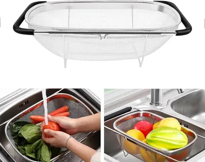 Produktbild von Waschbecken Sieb aus Edelstahl, Ausziehbar Rostfreier Stahl Spülbecken Sieb für Spüle zum Abseihen Abtropfen Waschen von Obst Gemüse (27x18x11cm)
