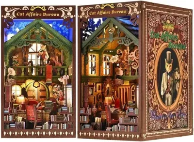 Produktbild von Habarri | DIY Book Nook - Büro des Katzendetektivs - Puzzle 3D - Miniatur Haus Kit mit Möbeln und LED-Licht - Buch Ecke Kit