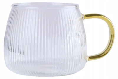 Produktbild von Gestreifter Glasbecher mit goldenem Henkel 450 ml transparent für Kaffee-Tee-Getränke