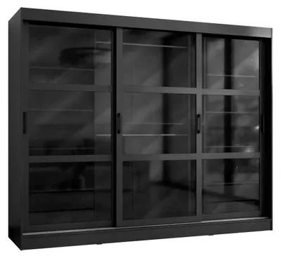 Produktbild von MIRJAN24 Schwebetürenschrank Norlio 250, Garderobe mit drei Türen und vier Schubladen, Kleiderschrank (Farbe: Schwarz, ohne Beleuchtung)
