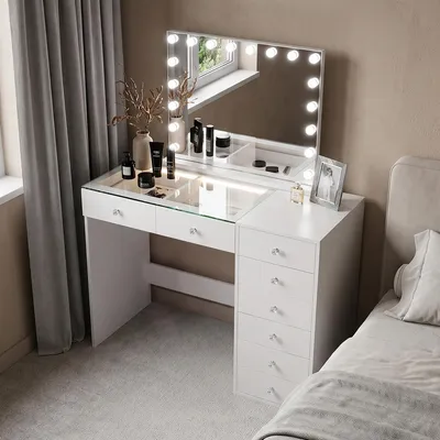 Image de Coiffeuse avec Miroir LED, 8 Tiroirs Blanc 120 x 55 x 139 cm