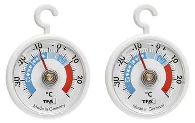 2 analoge Kühlthermometer, -40 bis +30 °C, mit Haken, weiß