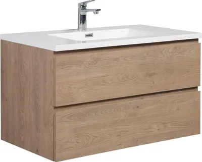 Produktbild von Badplaats Badmöbel Set mit Waschbecken und Unterschrank Angela 90 x 48 cm Kastanien Eiche - Waschbeckenunterschrank mit Soft-Close und Waschbecken, Vorgemontiert