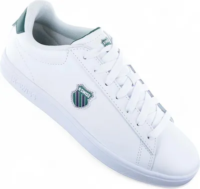 A single white K-Swiss sneaker with green accents is shown against a white background.