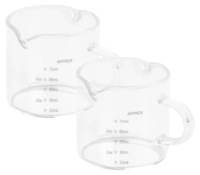 Zdjęcie produktu dla Dwa szklane dzbanki miarkowe z rączką i podwójnym wylewem, odporne na wysokie temperatury, pojemność 15-150 ml