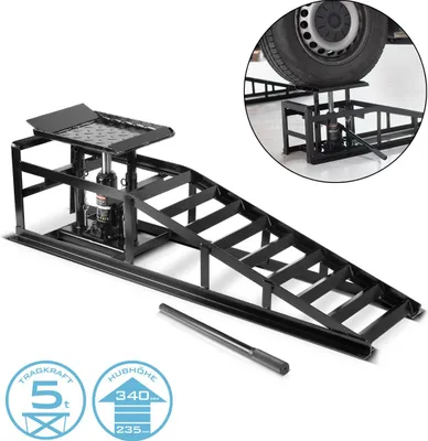 A black hydraulic car ramp with a jack is shown from a diagonal angle.
