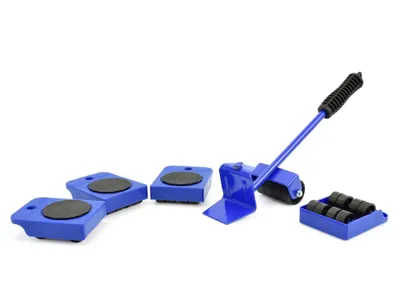 A set of furniture moving rollers and a lifter on a white background.