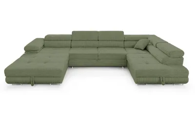 Produktbild von Wohnlandschaft Cordo U-Form XXL 345 cm Schlaffunktion 2 Bettkästen Breitcord Grün Rechts