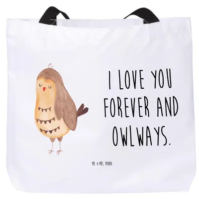 Produktbild von Mr. & Mrs. Panda Statement-Tasche Eule Zufrieden - Weiß - Geschenk, Schultasche, Tasche, Owl, Hochzeitstag, Beutel, Stoffbeutel, Wortspiel, Liebesspruch, Reisetasche