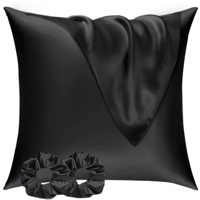 Produktbild von Satin-Kissenbezug 80x80 cm, 2er-Set, & 2 Haargummis; Satin-Kissenbezug 80x80 cm, schwarz; seidig weicher Kissenbezug 80x80 cm; pflegeleichter als ein Seidenkissenbezug; Kissenbezug für Haar und Haut