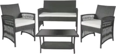 Image de set de salon en rotin 4 pièces pour jardin, terrasse & balcon - Avec coussins et table en verre - Gris foncé