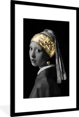 Produktbild von MuchoWow® MuchoWow® Gerahmtes Poster Mädchen mit einem Perlenohrring - Johannes Vermeer - Gold 60x90 cm - Poster mit zchwarzem Bilderrahmen - Dekoration - Wandposter Wohnzimmer - Hochwertig