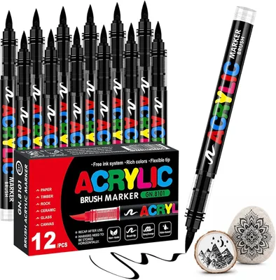 Imagen del producto de Rotuladores de pintura acrílica, color , juego de 12 unidades, punta de 1-6 mm, de secado rápido, para uso en madera y textiles