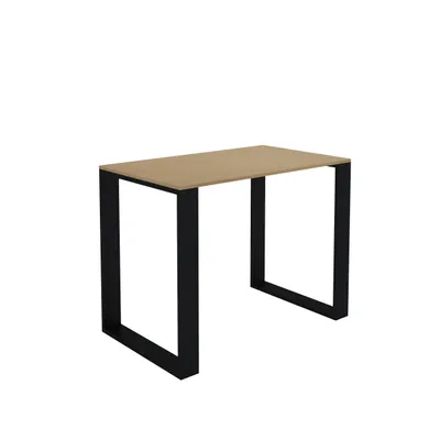 A product shot of a table with a light wood top and black metal legs.