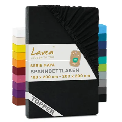Zdjęcie produktu dla Lavea® Prześcieieradlo do materaca z dodatkową warstwą, 180x200 cm - 200x200 cm, Maya, 100% bawełna dżersejowa – Miękkie prześcieradło do materaca z dodatkową warstwą, pasujące do materacy o grubości do 10 cm – Czarny