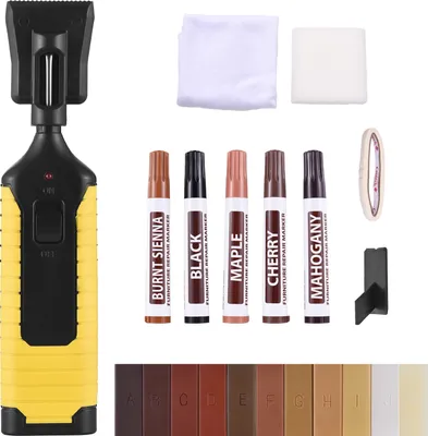 Produktbild von Reparaturset fuer Kratzer auf Holzboeden, Reparaturset fuer Laminat-, Vinyl- und Holzmoebelboeden mit Waermestift, 11 farbigen Hartwachsriegeln, 5 Farben, Ausbesserungsstift, Kratzerausbesserungsentferner fuer Risse, Loecher, Tische und Schraenke