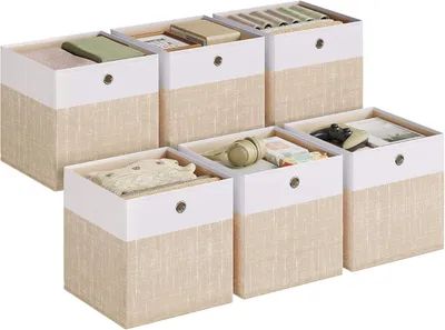 Imagen del producto de Juego de 6 cajas de almacenamiento - Cestas plegables - 30 x 30 x 30 cm - Estilo lino - Blancas y beige