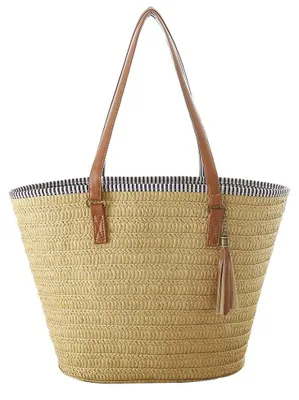 Produktbild von Omgoods – Strohhandtasche mit Reißverschluss – Strandtasche XXL – Strandtasche aus Rattan – Umhängetasche – Tasche für den Urlaub – Wasserdichtes Innenfutter – 46x31x15 cm