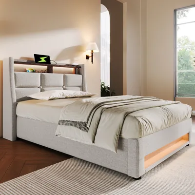A bedroom scene featuring a bed with a headboard and storage.