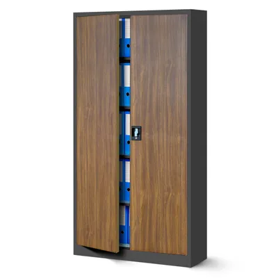 A closed filing cabinet with two doors, showing a wood-grain finish on the doors and a gray metal frame.