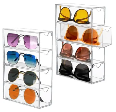 Image de Boîte de rangement pour lunettes de soleil, 2 pièces, organiseur en acrylique pour lunettes de soleil avec 4 tiroirs, boîte de rangement transparente pour lunettes, montres et bijoux.