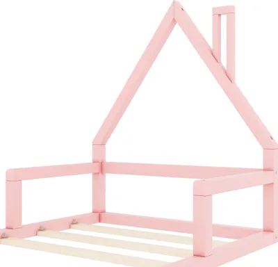Obrázek produktu pro Sweiko 90x200cm dětská postel, plochá postel, tvar domečku, masivní borovice, jednoduchý tvar, růžová barva