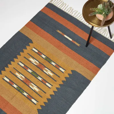 Produktbild von HOMESCAPES Handgewebter Juteteppich Lundi Blue – 240 x 300 cm, Kelim-Muster orange-blau
