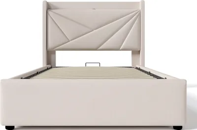 Produktbild von Flieks Polsterbett 90x200cm mit USB und Typ-C, Boxspringbett mit Lattenrost, Stauraumbett Jugendbett Einzelbett mit Stauraum, Leinen, Beige