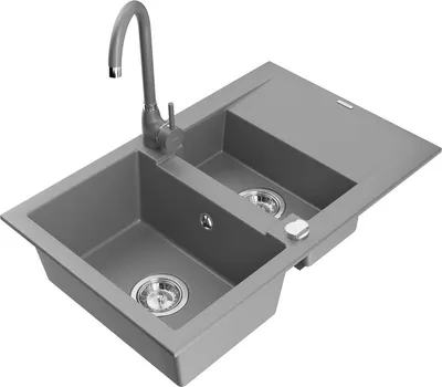 Produktbild von Mexen Gaspar 1,5-Becken-Granitspüle mit Abtropffläche und Mischbatterie Telma, Grau - 6507-71-670200-71