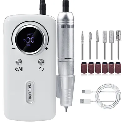 Produktbild von Polierfeile 45000 RPM Elektrische Nagelfräser, Tragbar mit LCD-Anzeige 6 Metall-Polierkopf, Weiss