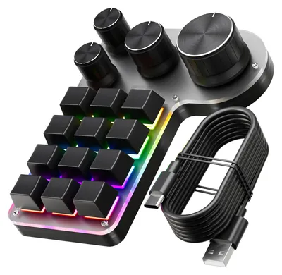 Zdjęcie produktu dla Programowalna klawiatura makr z 12 klawiszami i 4 pokrętłami – klawiatura do gier z podłączeniem przewodowym USB i Bluetooth, wielofunkcyjna klawiatura skrótów do komputerów stacjonarnych
