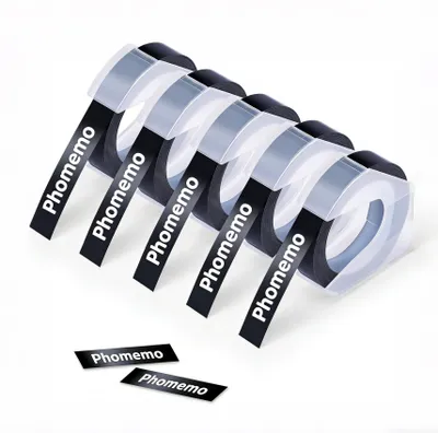 Produktbild von 3D Prägegerät Etiketten - 3/8" (9mm) Kompatibel mit Phomemo E975, DYMO Omega, DYMO Junior, Goknu, Aken Omega S, Prägegerät E975 Prägeband, 5 Packung