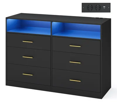 Obrázek produktu pro Komoda s LED osvětlením a nabíjecí stanicí, 6 zásuvek | Černá barva | Rozměry: 119 x 40 x 81,1 cm
