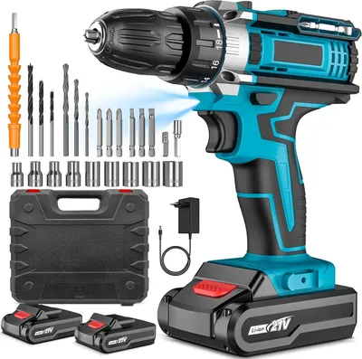 Image de Perceuse-visseuse à percussion sans fil 21 V - Perceuse-visseuse sans fil - 2 batteries lithium-ion - Haute puissance - 1 350 tr/min - Multifonction