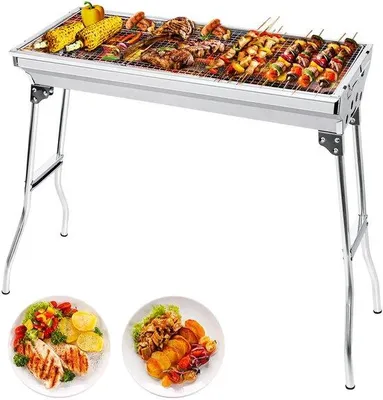 Produktbild von Unyqoos® Faltbarer Holzkohlegrill aus Edelstahl – Grillfläche 73×33 cm, klappbar 71×33×16 cm, inkl. 2 Grillroste, 2 Kohlennetze & Zange