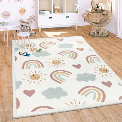 Produktbild von Kinderteppich waschmaschinenwaschbar Regenbogen Sonne Wolken Kinderzimmer schmutzabweisend Mehrfarbig Rechteckig 140x200 | 100% Polyester